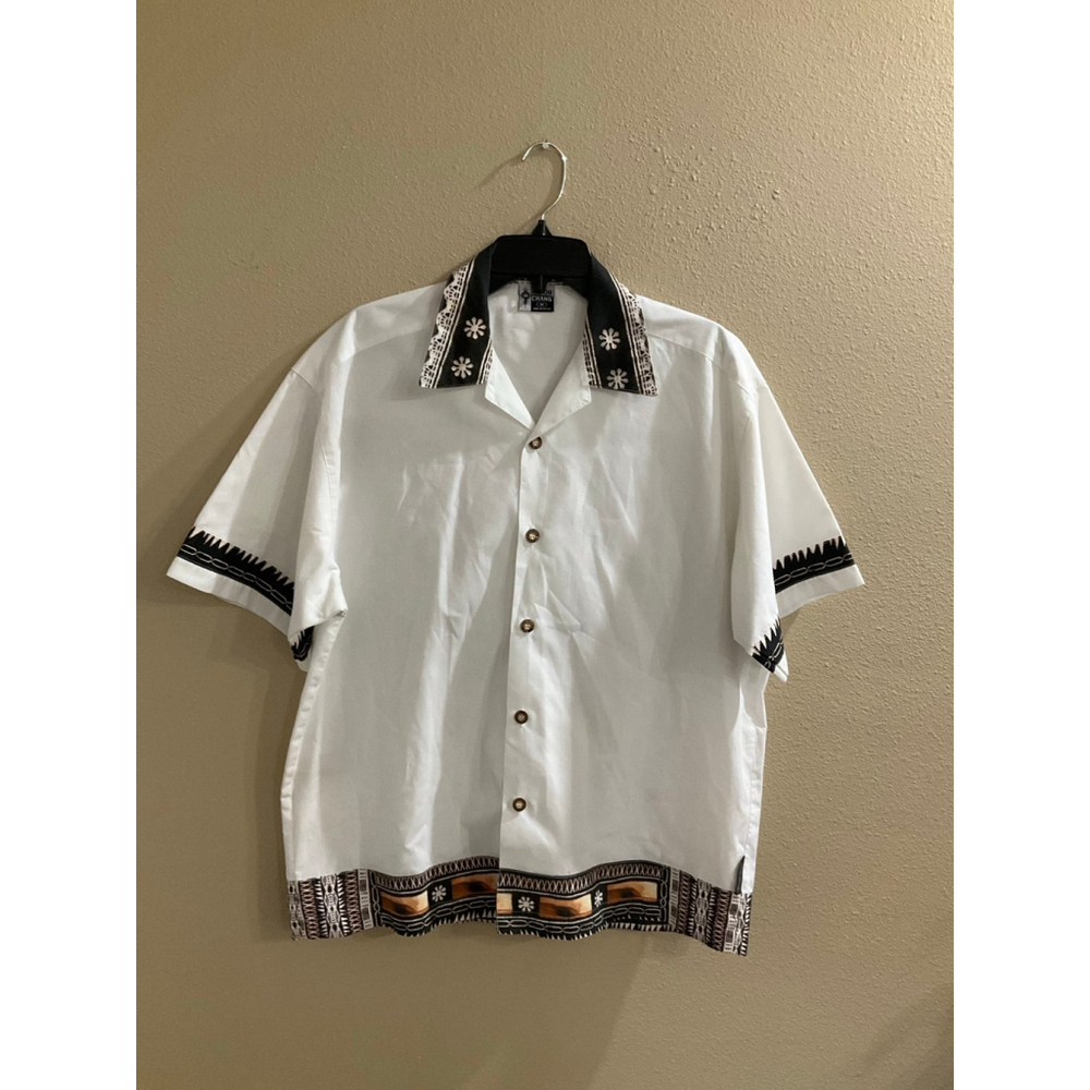 Vintage Aaron Chang Hawaiian Mens Shirt Tribal Trim Size Medium
